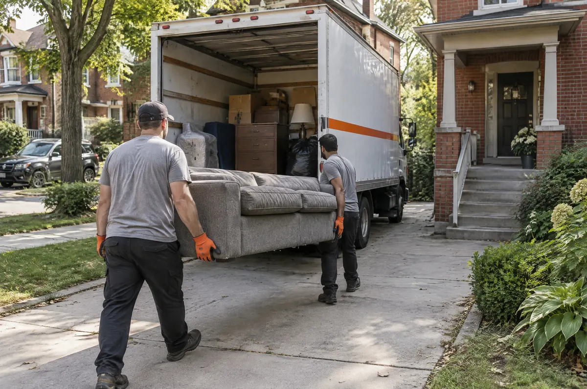 Two junk removal workers carrying a grey couch up a driveway to a half-loaded white box truck outside a red-brick Toronto semi