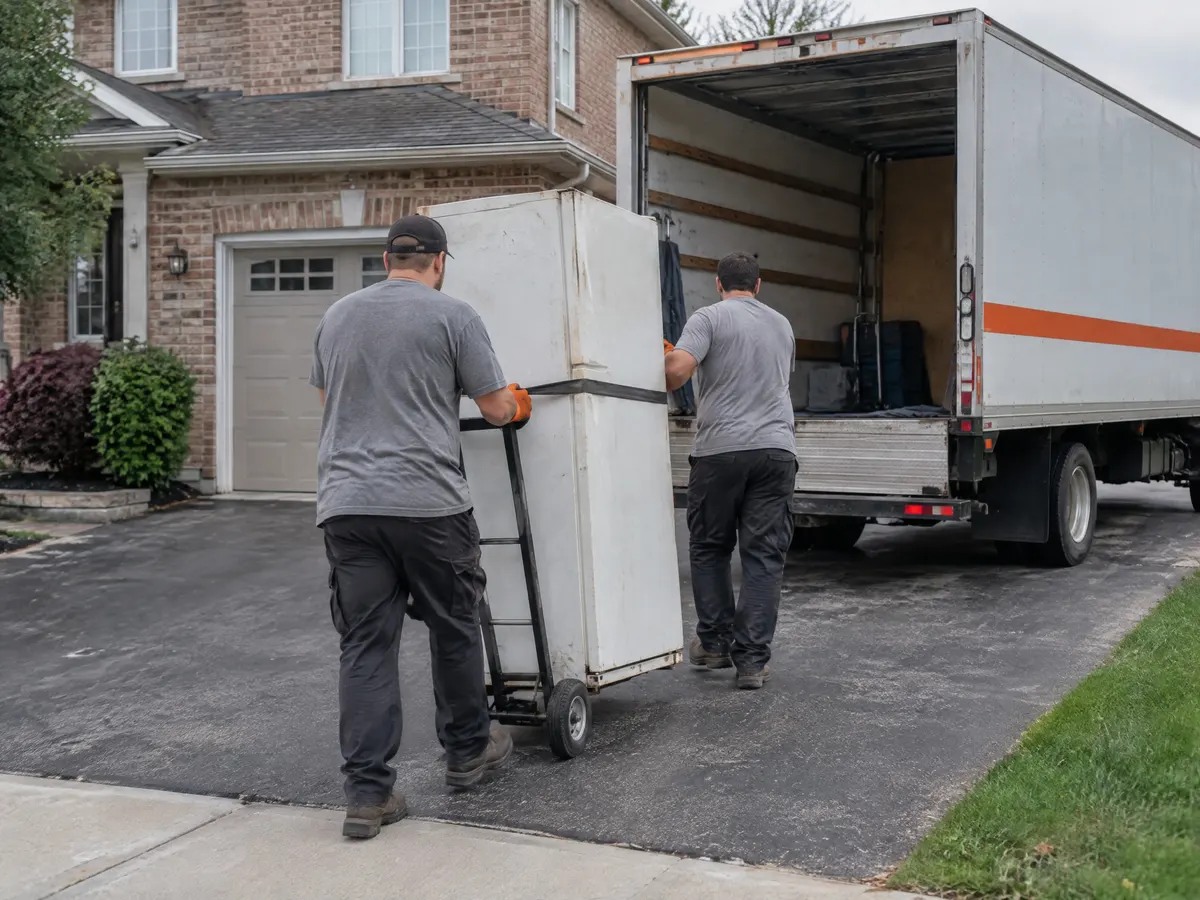Worker wheeling an old white refrigerator on a hand truck up a suburban driveway to an open box truck