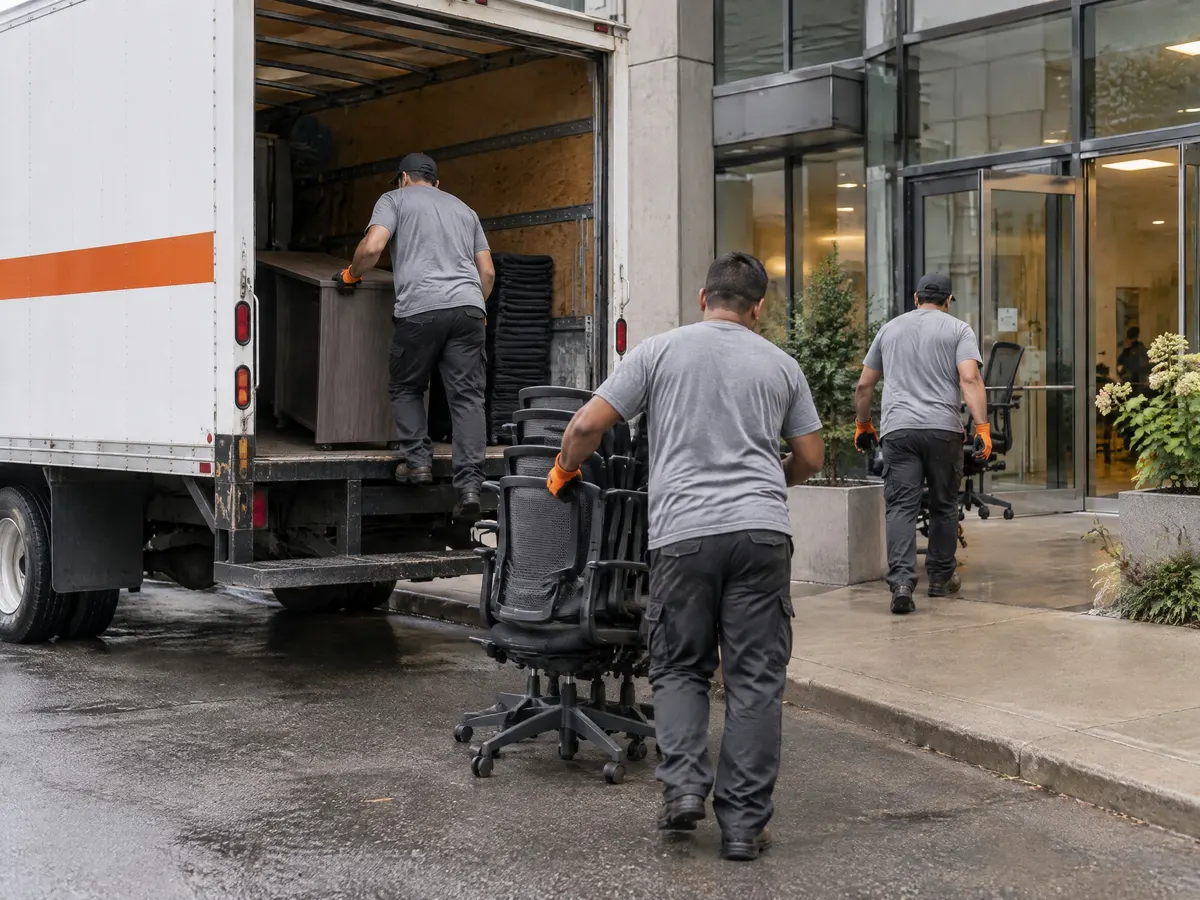 Workers loading office chairs and a desk into a box truck outside a glass-fronted commercial building