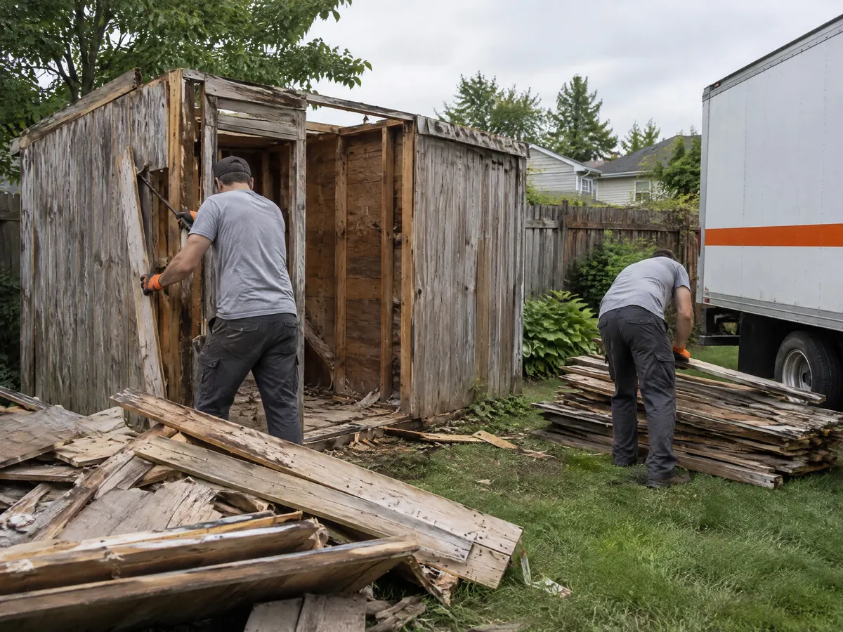 Two workers taking apart an old wooden garden shed in a backyard and stacking the boards