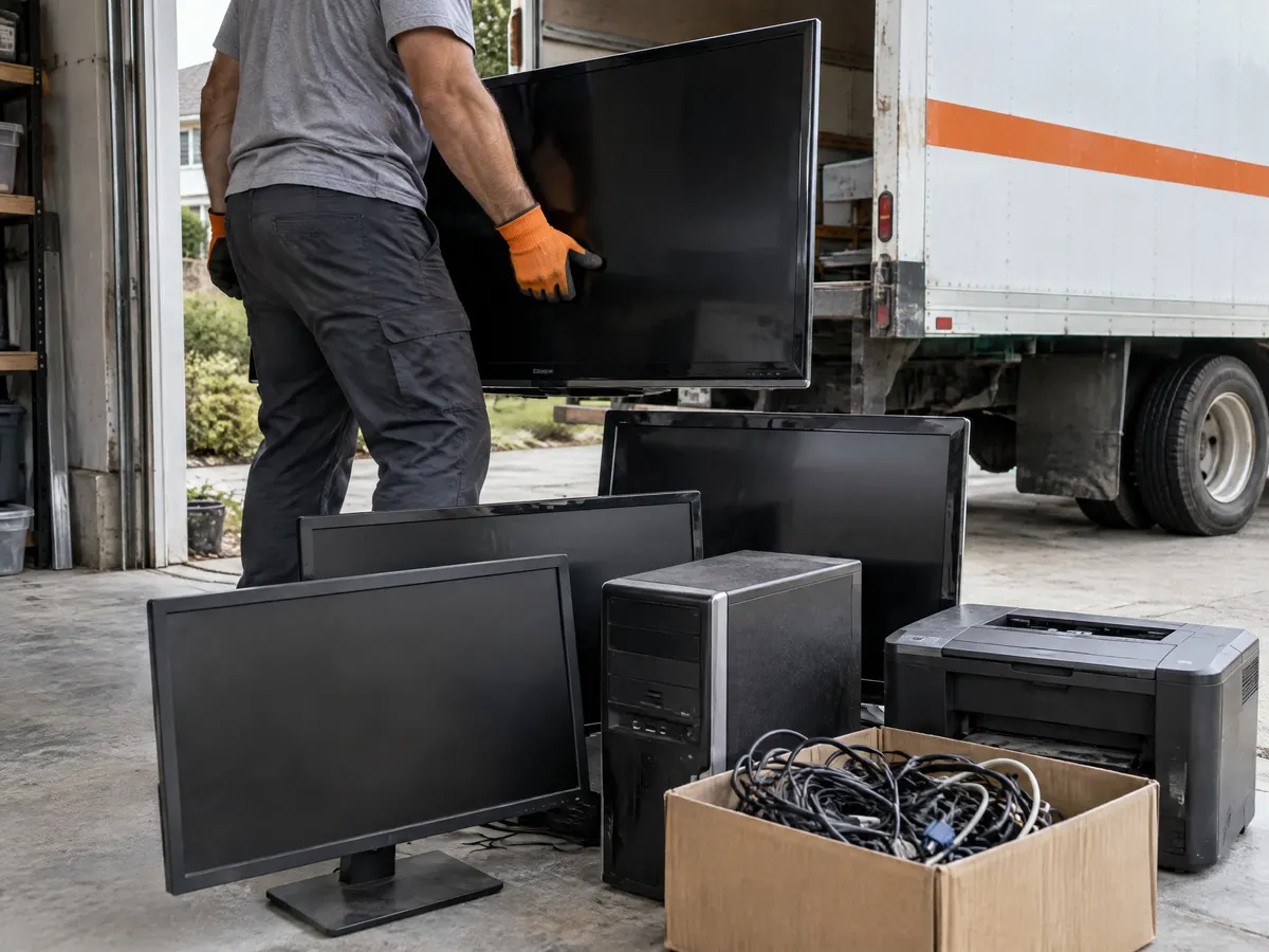 Old TVs, monitors, a desktop computer, a printer and a box of cables on a garage floor, a worker lifting a flat-screen TV