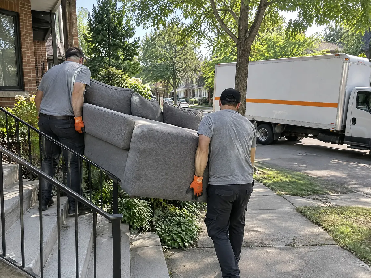 Two workers in orange gloves carrying a grey sectional sofa down the front steps of a brick house, box truck parked on the street