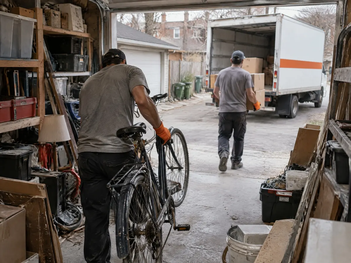 Junk removal worker wheeling an old bicycle out of a cluttered garage while another carries boxes to a white box truck in the laneway