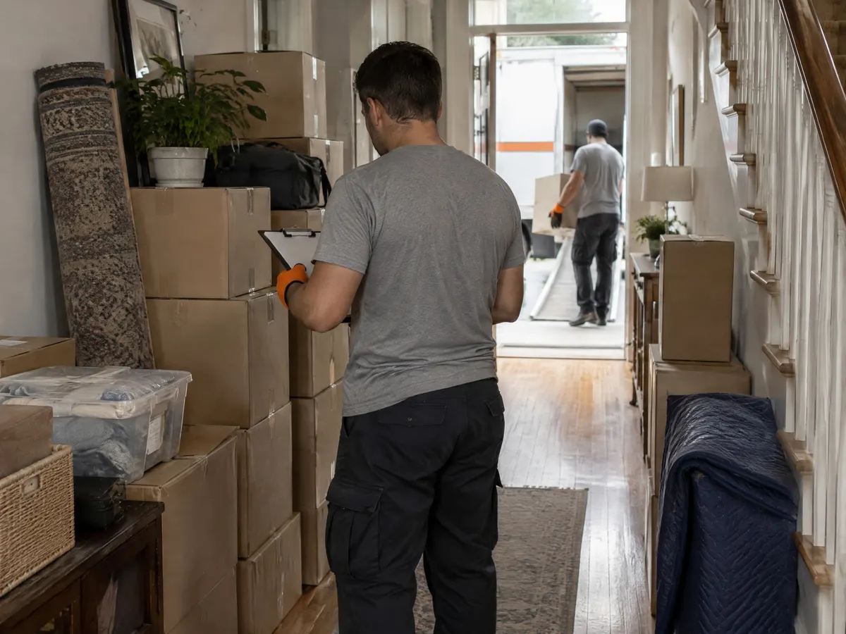 Worker with a clipboard planning a clean-up in a hallway lined with stacked boxes, a second worker carrying a box out