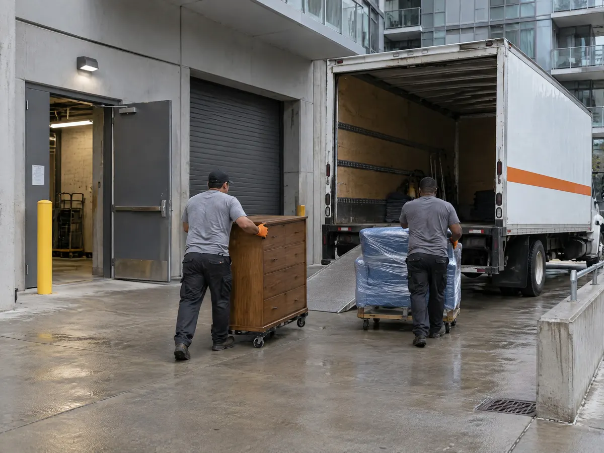 Two workers wheeling a wooden dresser and a plastic-wrapped armchair across a condo loading dock to an open box truck