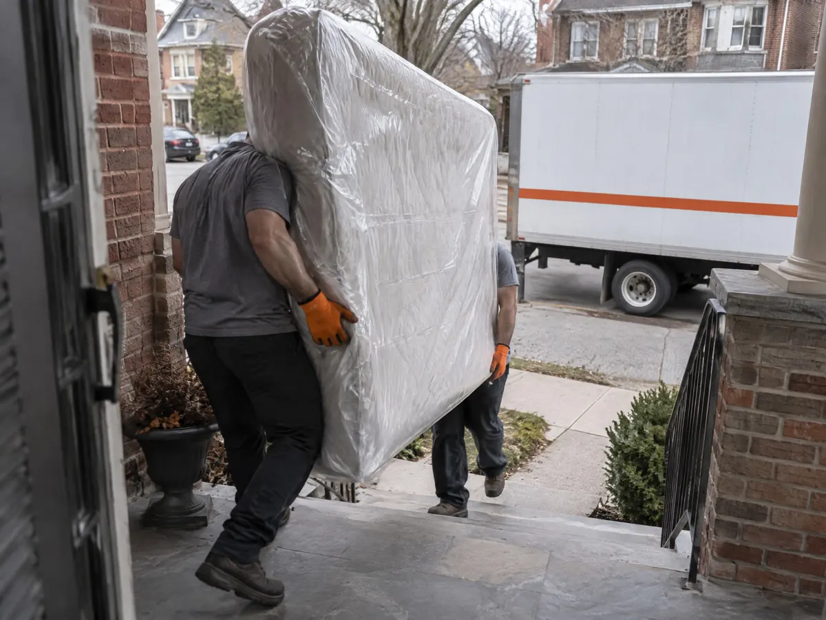 Two workers carrying a plastic-wrapped mattress down the porch steps of a brick house toward a box truck