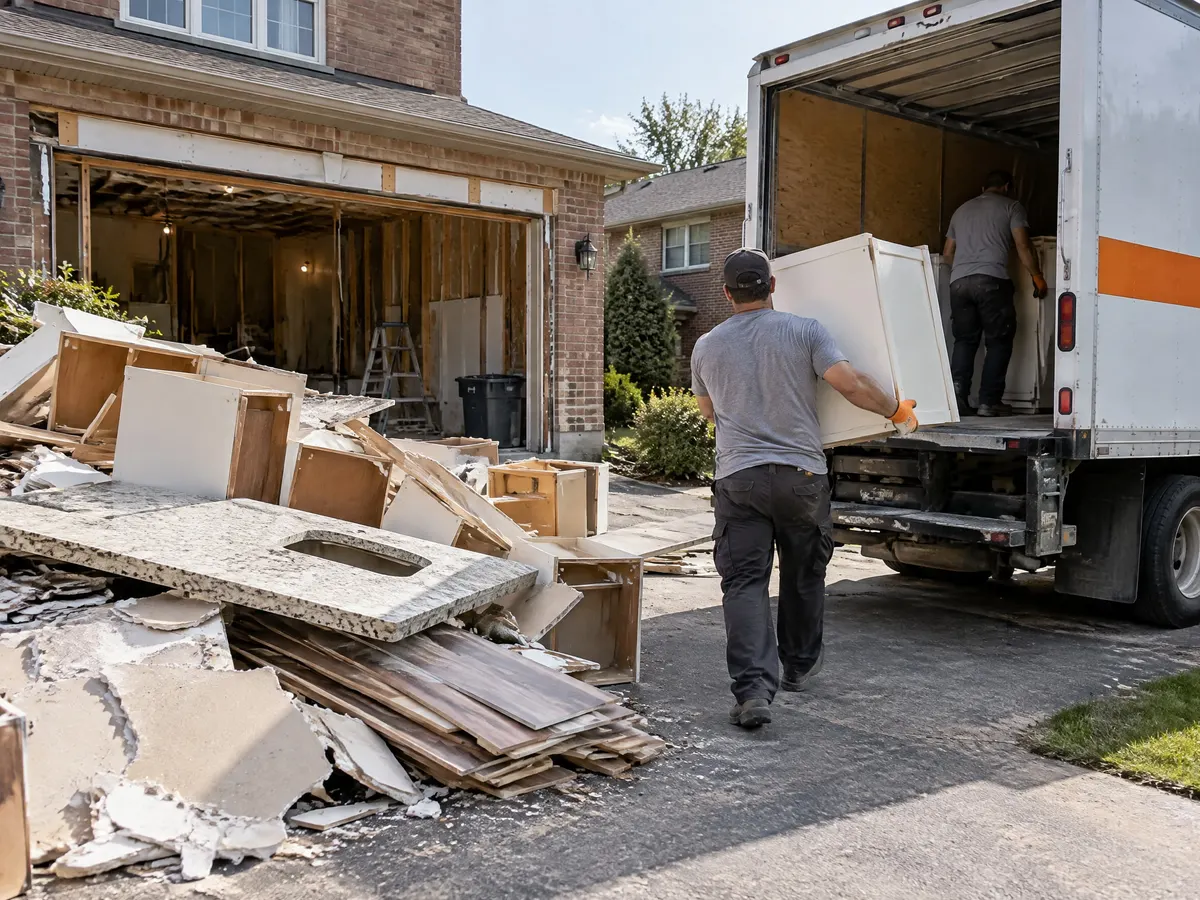 Pile of torn-out kitchen cabinets, countertop and drywall on a driveway, a worker loading a cabinet into a box truck